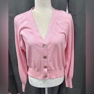 NWT Crush Cashmere Blend Pink V-Neck Ponza Ruffle Cuff Sweater Cardigan Medium